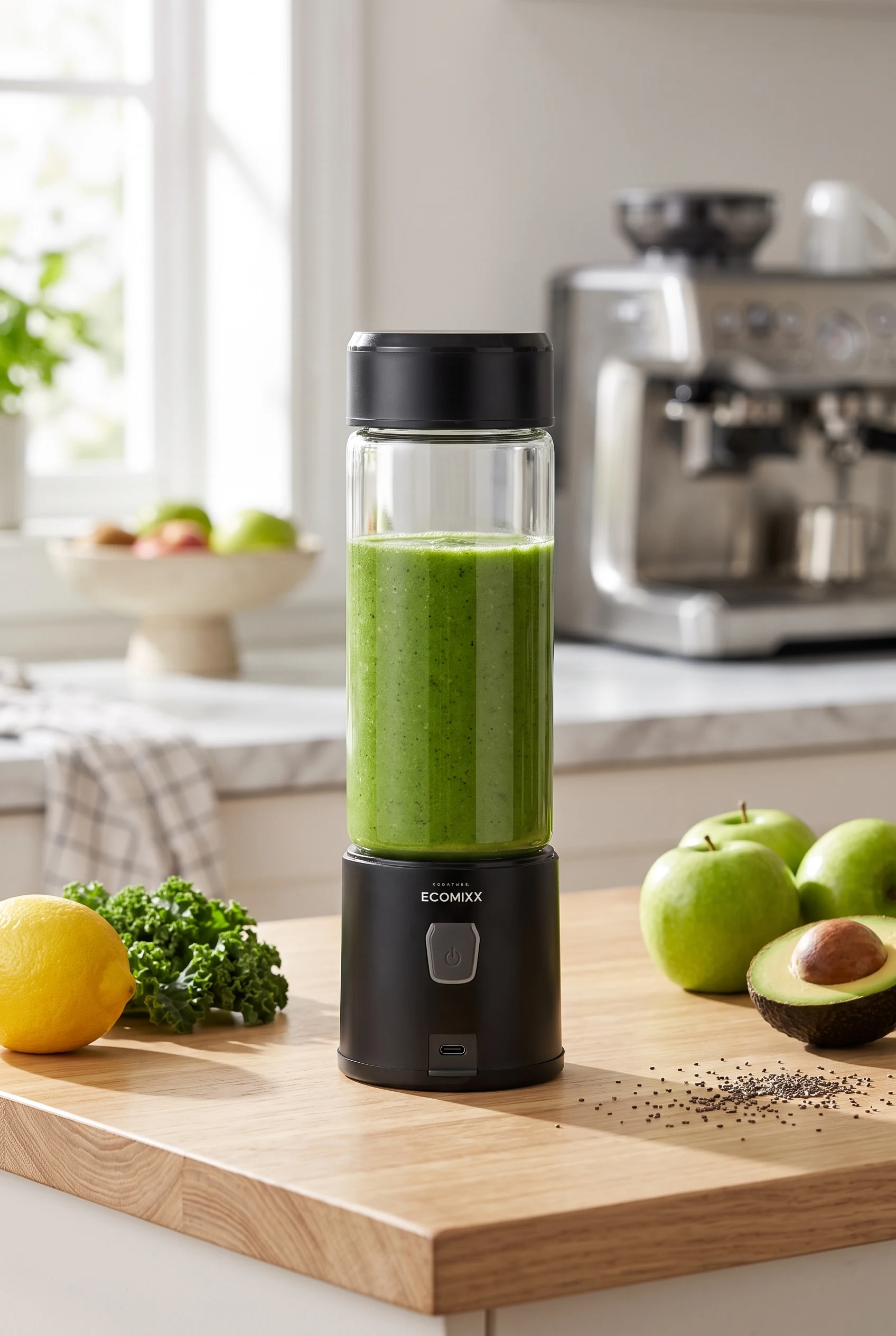 ECOMIXX ALL BLACK dans une cuisine, avec un smoothie vert